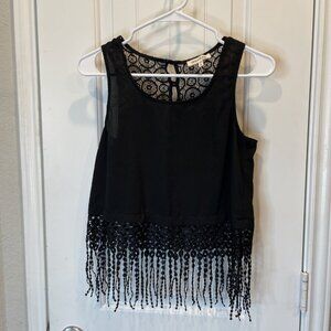 Boho Black Fringe Tank Top lace Back Festival Y2K Retro Indie Aesthetic - Small